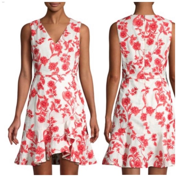 Rebecca Taylor Coral Embroidered Floral Print Linen Dress - Picture 2 of 14